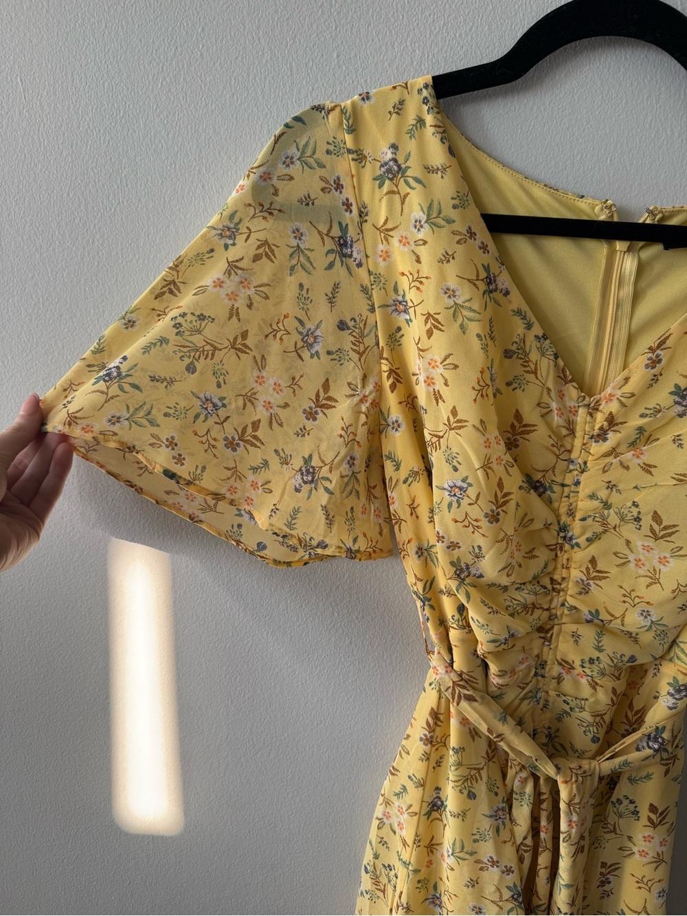 Yellow Floral Wrap Dress with Flutter Sleeves - Picture 4 of 5